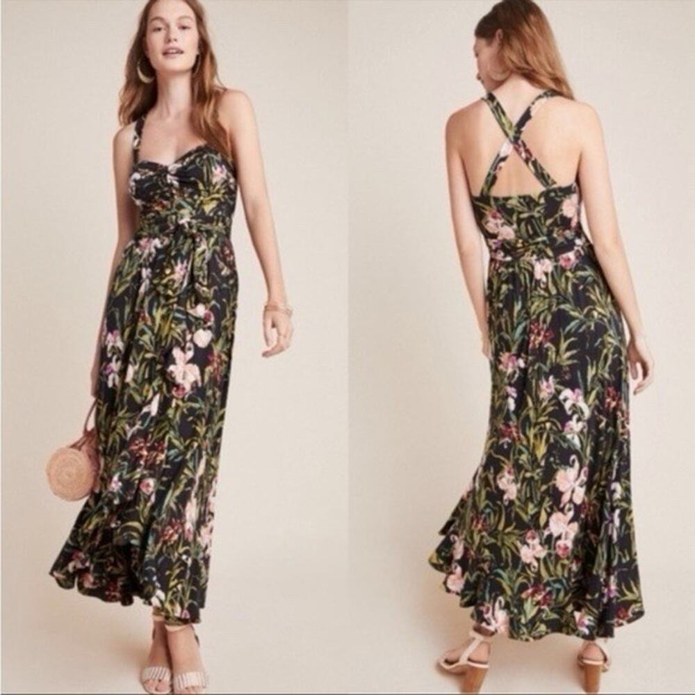 ANTHROPOLOGIE x MAEVE Gabriela Ruffled Maxi Dress Tropical Floral Sz M Hawaiian